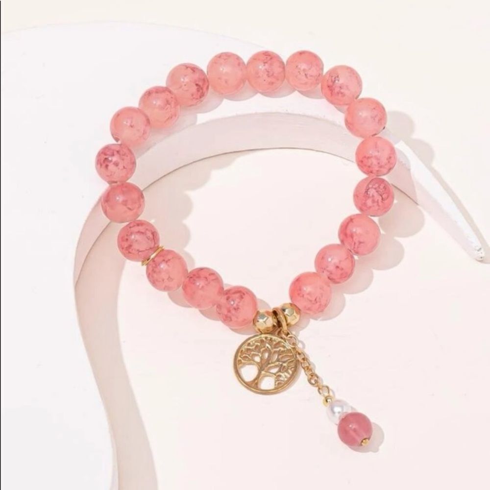 PINK Crystal Beaded Gold Tree of Life Charm Bracelet